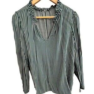 GAP Blouse Womens L Green & White Striped V-Neck Ruffle Long Sleeve Top